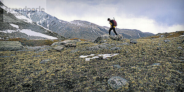 Ein Mann wandert im Spätherbst während eines Schneesturms in der Indian Peaks Wilderness  CO  in Richtung Mt. Neva (12.814 Fuß).
