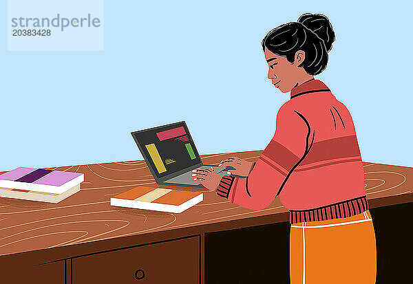 Businesswoman using laptop on table against blue background