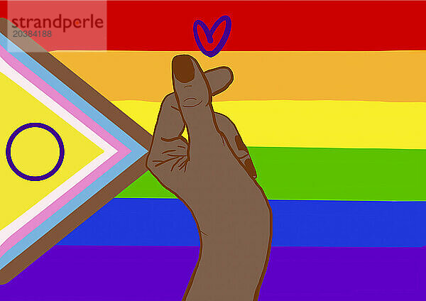 Hand of woman making heart shape against rainbow flag