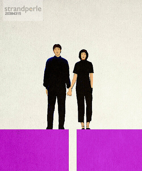 Couple holding hands and standing on pink blocks against white background