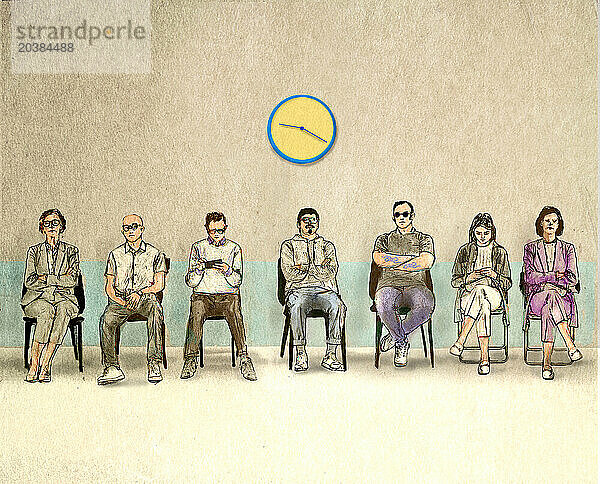 Various people sitting near clock and waiting in front of beige wall