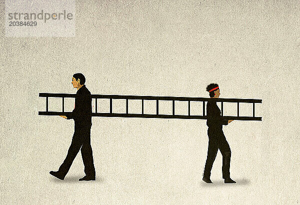 Illustration people carrying ladder walking in opposite direction