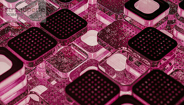 Microprocessor chip blocks with illuminated pink light