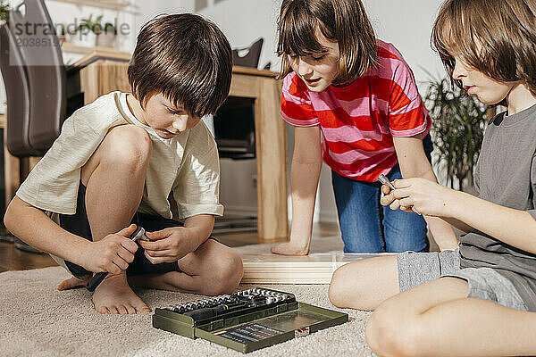 Siblings with hand tool box in living room at home