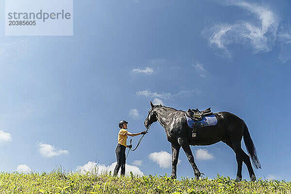 Trainer with black horse on sunny day