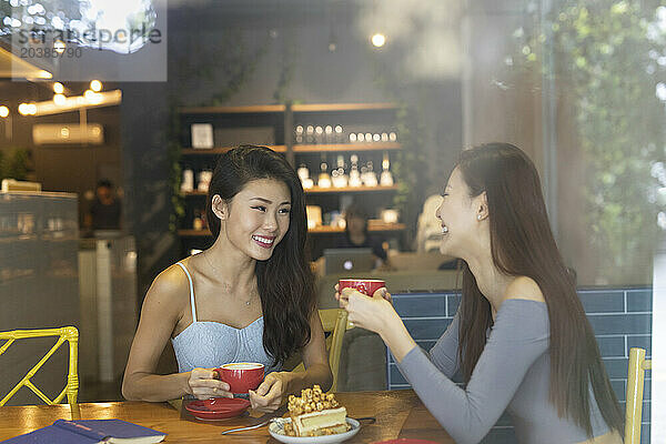 Smiling friends spending leisure time at restaurant