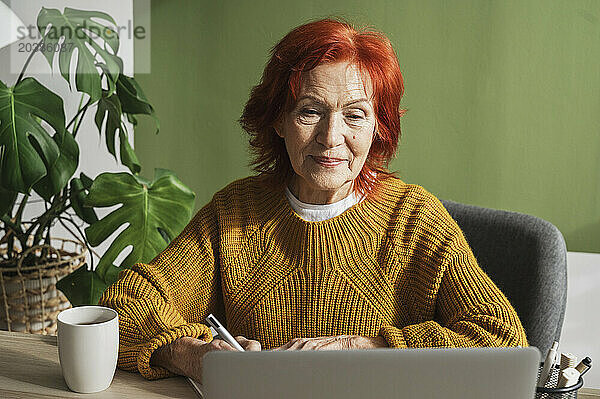 Senior businesswoman using laptop working at home