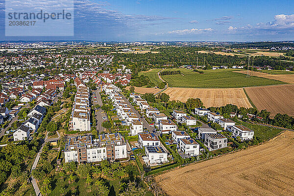 Germany  Baden-Wurttemberg  Waiblingen  Aerial view of new development area surrounded by fields