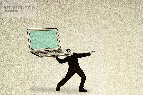 Illustration of businessman throwing laptop computer