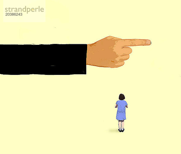 Girl looking at oversized pointing finger against yellow background