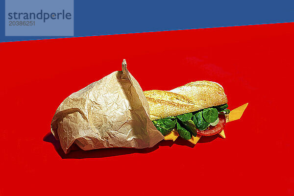 Fresh cheese and vegetable sandwich wrapped in paper on red background