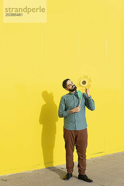 Smiling man holding sunflower in front of yellow wall