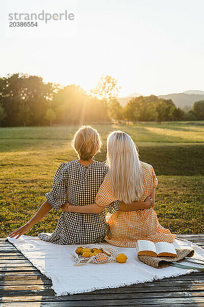 Friends with arms around sitting in park under clear sky