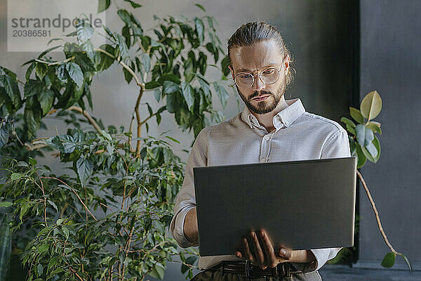 Businessman working on laptop near plants in office