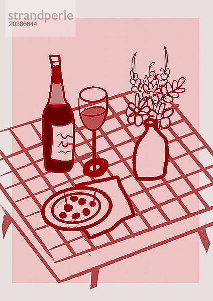Wine and flower vase on table over colored background