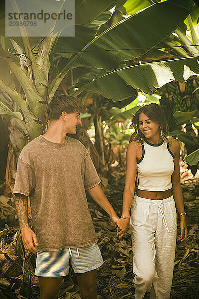 Smiling couple holding hands and standing near banana trees