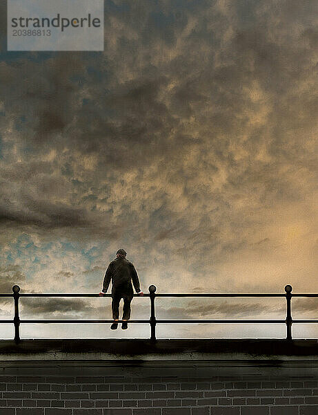 Illustration of man sitting on railing under storm clouds