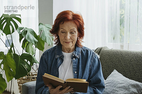 Retired senior woman reading book in living room