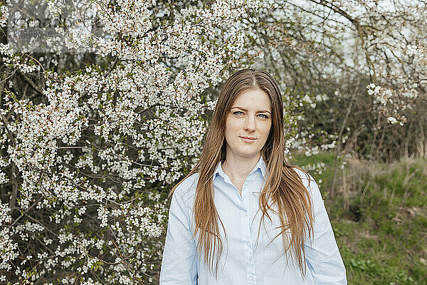 Woman standing near blossoming cherry tree