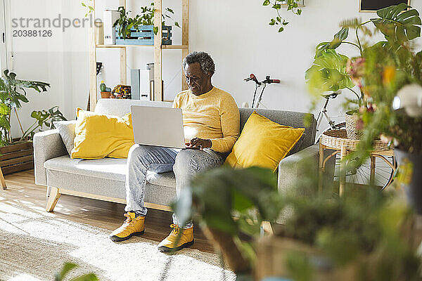 Senior man using laptop on sofa at home