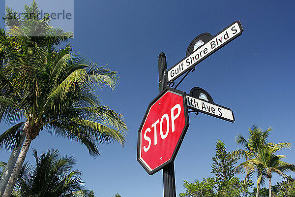 USA. Floride. Naples. Centre ville. Quartier résidentiel. Panneaux d'indication des routes.