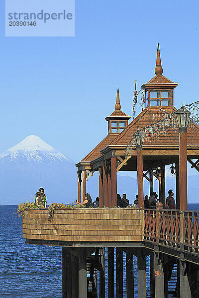 Chile  Lake District  Frutillar  pier  people  Lake Llanquihue  Volcano Osorno