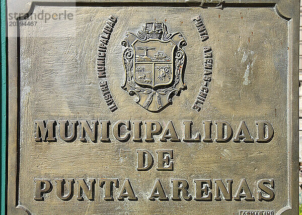 Chile  Magallanes  Punta Arenas  Plaza de Armas  Town Hall  sign