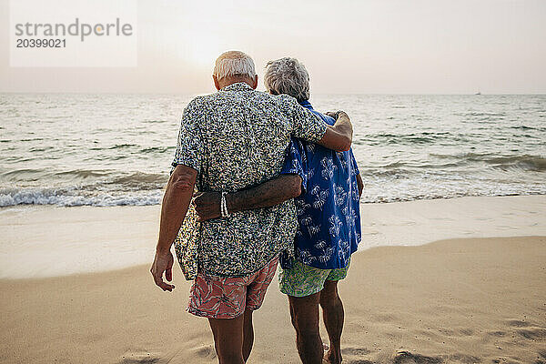 Rear view of gay couple standing with arms around near shore at beach