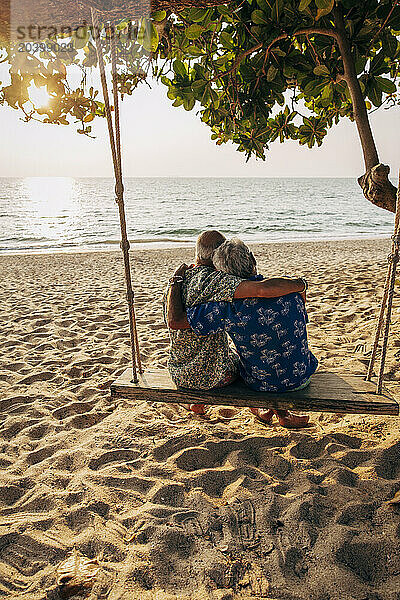 Romantic gay couple sitting on swing and looking at beach