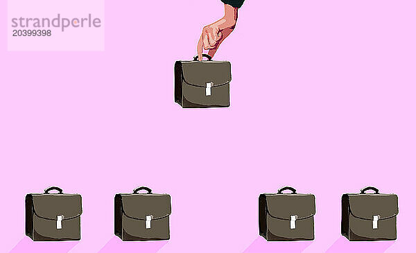 Illustration of hand choosing briefcase against pink background