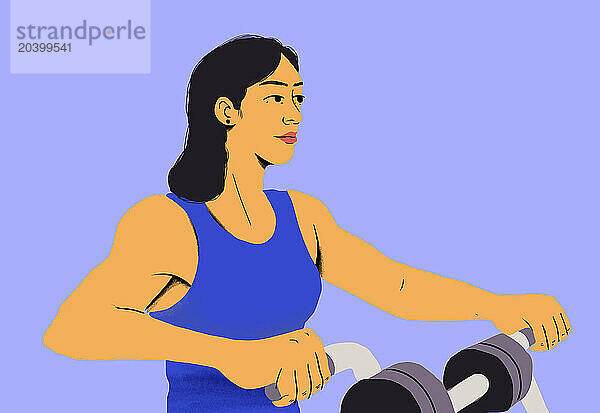 Determined woman exercising on exercise machine in front of blue background