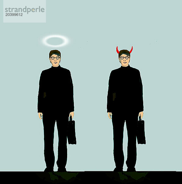 Illustration of two businessmen with devil horns and halo on heads against blue background