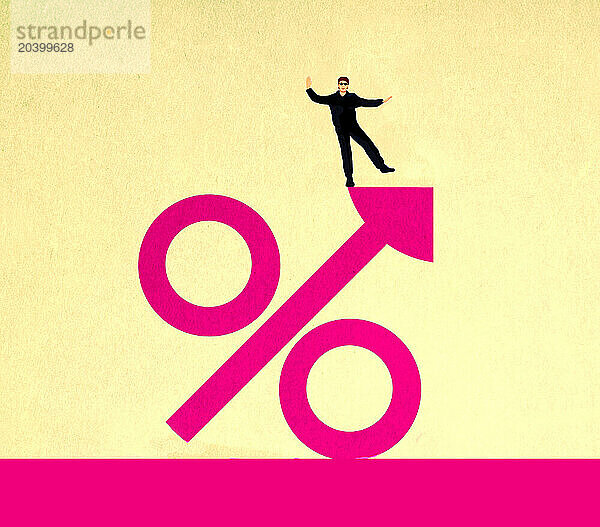 Illustration of man balancing on oversized percentage symbol against yellow background