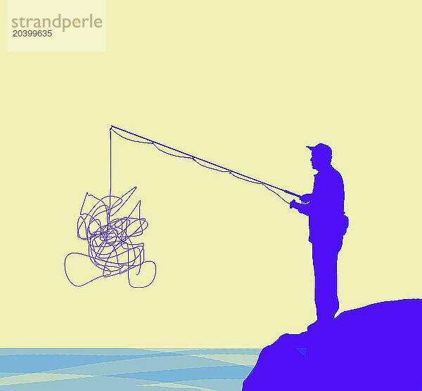 Illustration of man standing on cliff with tangled fishing line