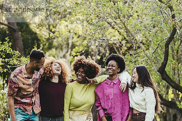 Happy multiracial friends talking to each other at park