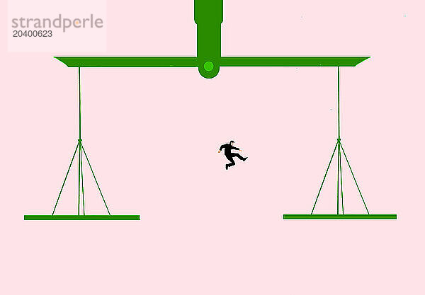 Man jumping over weighing scale from one end to other against pink background