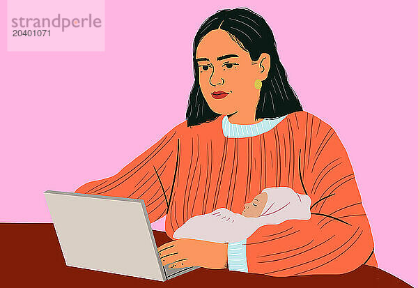 Woman multitasking with laptop and cradling baby in front of pink background