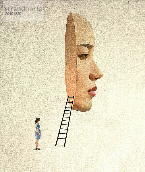 Illustration of woman looking at ladder leading to oversized female mask