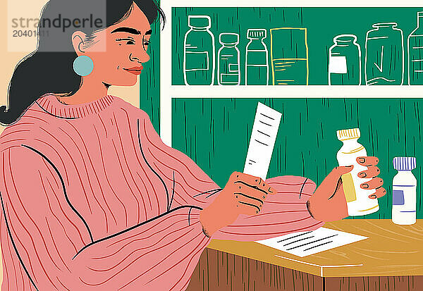 Pharmacist holding prescription and medicine bottle in store