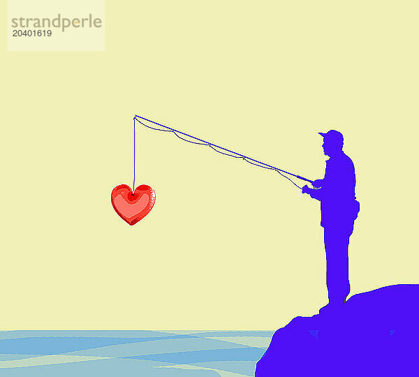 Illustration of man catching red heart shape standing on cliff