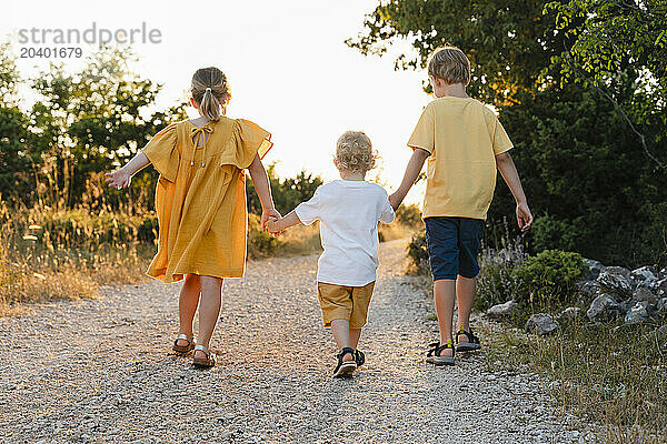 Siblings holding hands walking together on footpath at sunset