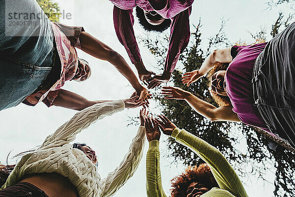 Carefree multiracial friends cheering with each other at park