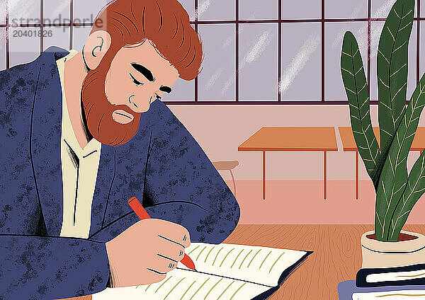 Bearded businessman writing strategy in diary at office desk