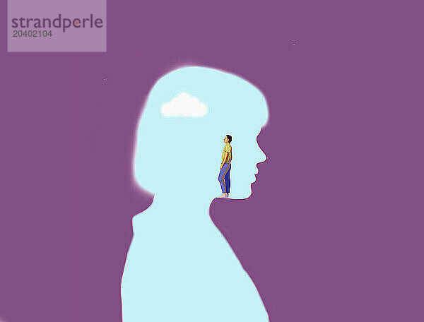 Man standing in woman's head and gazing cloud purple background