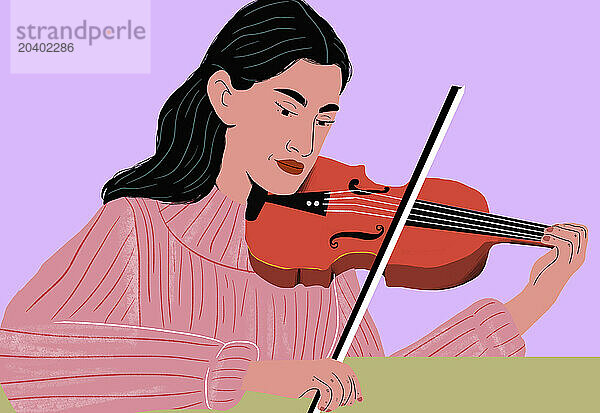 Woman practicing violin against purple background