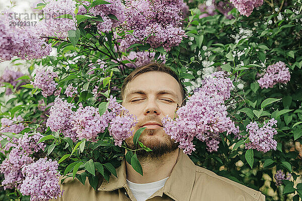 Smiling man amidst lilac flowers in garden