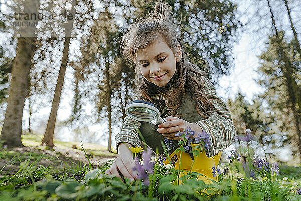 Smiling girl looking at flower with magnifying glass in forest