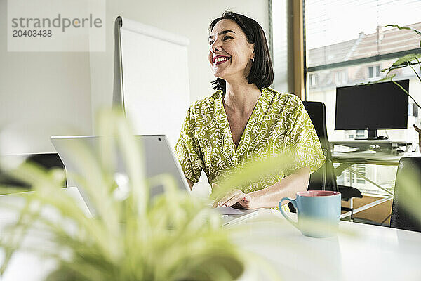 Happy mature businesswoman sitting with laptop at desk in office