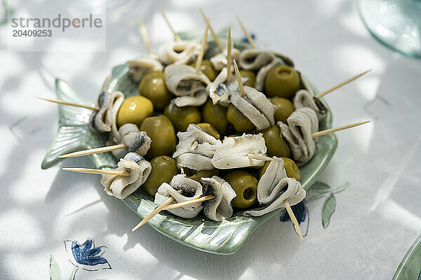 Olives and anchovies tapa  Madrid  Spain © Dosfotos/Axiom