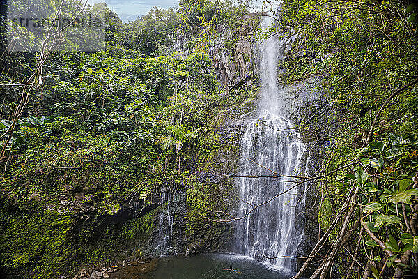 A young lady (MR) swims below the Wailua Waterfall  near Hana  Maui  Hawaii.